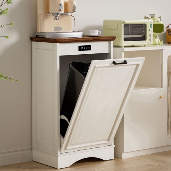 HARIPUL 13 Gallons Tilt Out Trash Cabinet with Deodorizing Function, Free Standing Kitchen Trash Cabinet Recycling Garbage Cabinet, White