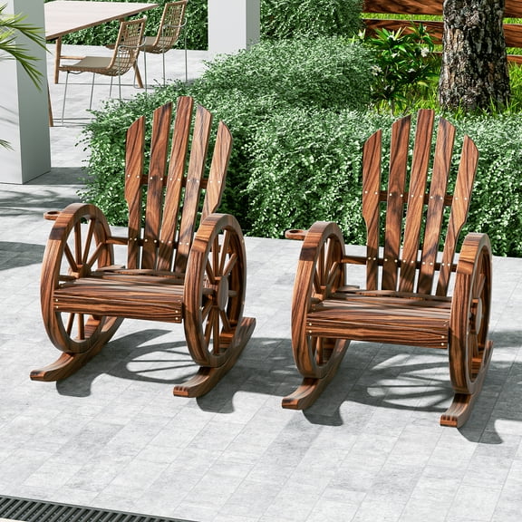HARIPUL 2 Pieces Outdoor Wood Rocking Chair Set, 1 Patio Glider Rocking Chair with 1 Side Table, Adirondack Rocking Chair for Patio & Garden, Brown