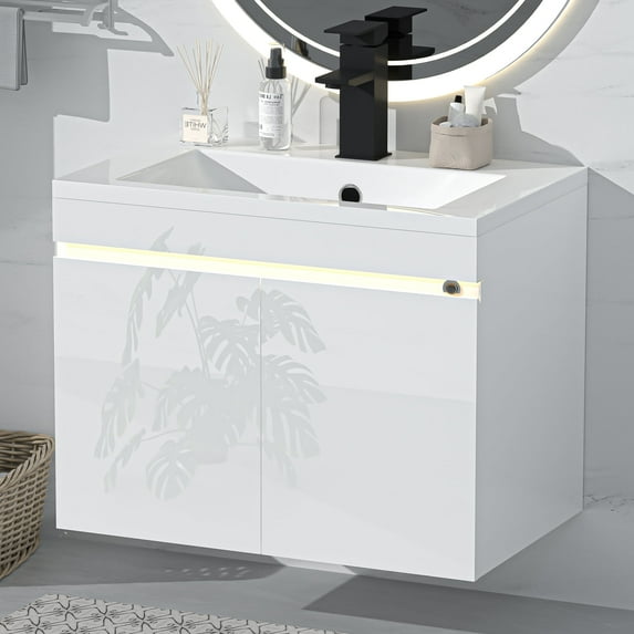 AHB 24 inch Bathroom Vanity W/Sink Combo, High Gloss Bathroom Cabinet, Smart Wall Mounted Sink Cabinet Auto Motion Sensor LED Light, Modern Floating Vanity with Faucet