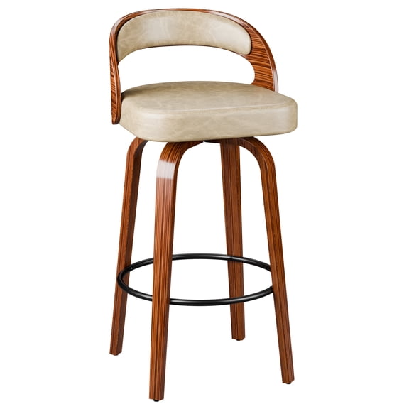 AHB 26" Swivel Bar Stools Set of 1, Counter Height Barstools with Back and Arms, Faux Leather PU Upholstered Chairs with Walnut Wood Frame for Kitchen Island Home Bar Cafe