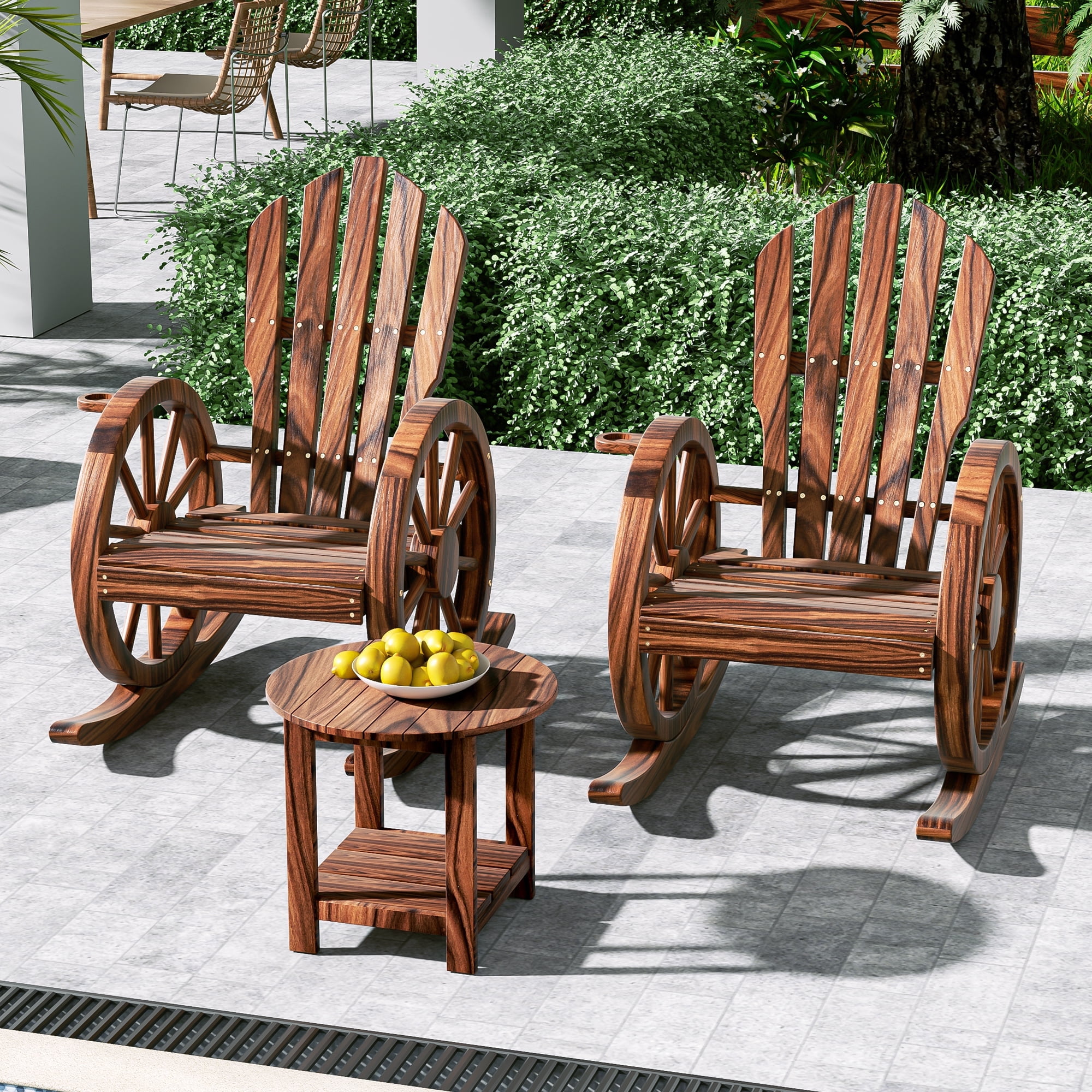 HARIPUL Adirondack 3 Pieces Outdoor Wood Rocking Chair Set, Brown ...