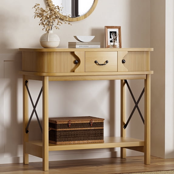 AHB 39.4" Walnut Wood Console Table, Narrow Entryway Table with 3 Drawers and 2-Tier Storage Shelves, Sofa Table for Hallway, Living Room and Bedroom, Oak
