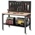 thumbnail image 1 of AHB 48" Adjustable Heavy Duty Wood Workbench, 2000 lbs Capacity, Garage Work Table with Metal Pegboard, Under Shelf, Power Outlet and Wheels, 1 of 8