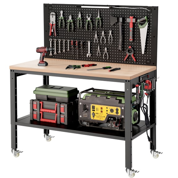 AHB 48" Adjustable Heavy Duty Wood Workbench, 2000 lbs Capacity, Garage Work Table with Metal Pegboard, Under Shelf, Power Outlet and Wheels