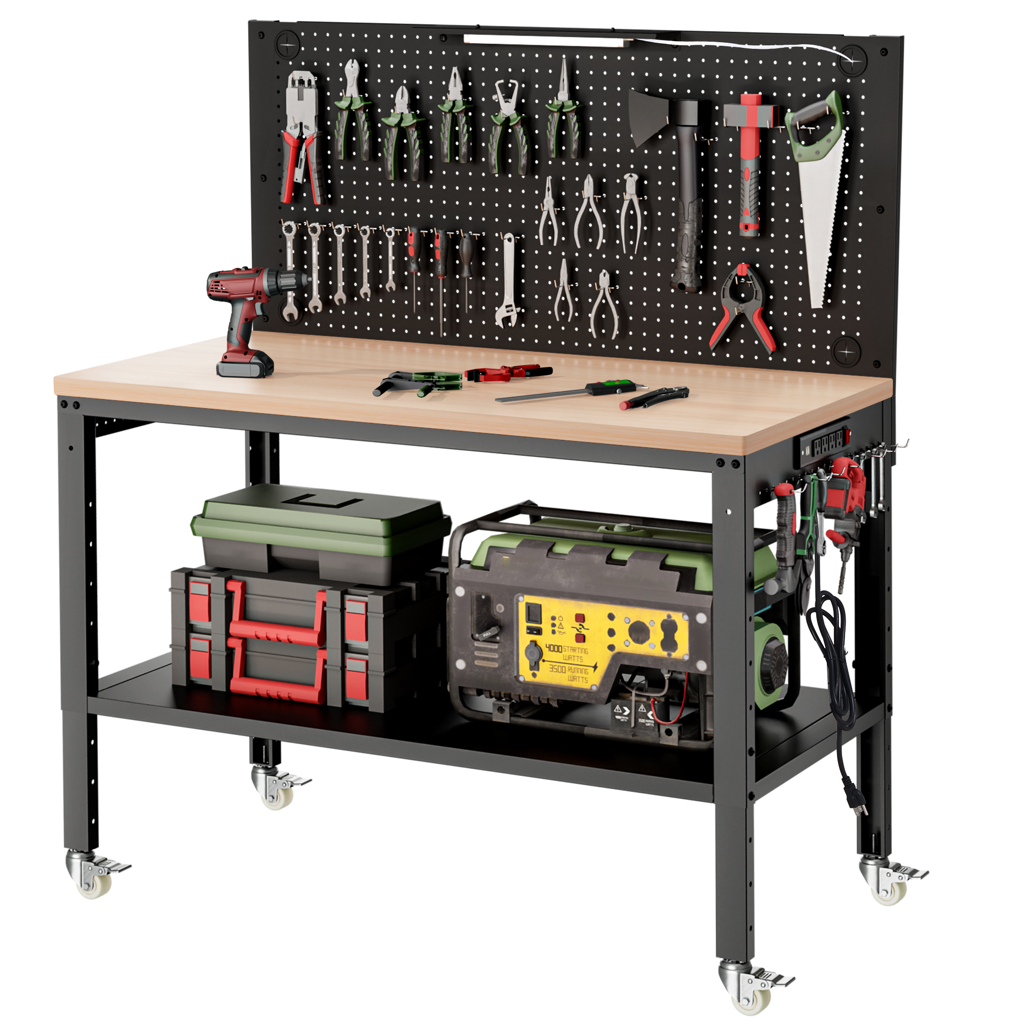 AHB 48" Adjustable Heavy Duty Wood Workbench, 2000 lbs Capacity, Garage Work Table with Metal Pegboard, Under Shelf, Power Outlet and Wheels