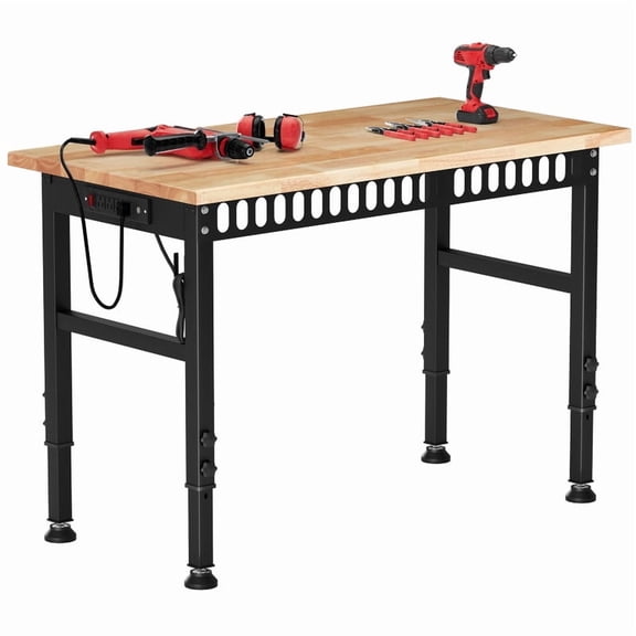 AHB 48" Adjustable Heavy Duty Rubberwood Workbench, 2000 lbs Capacity, Multi-Purpose Garage Work Table with Power Outlets and USB Ports
