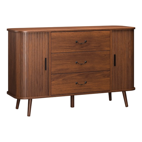 AHB 48" Fluted Sideboard Buffet Cabinet with 3 Drawers & Sliding Doors, Shelves, Modern Farmhouse Storage Cabinet for Kitchen, Living Room,Coffee Bar - Walnut