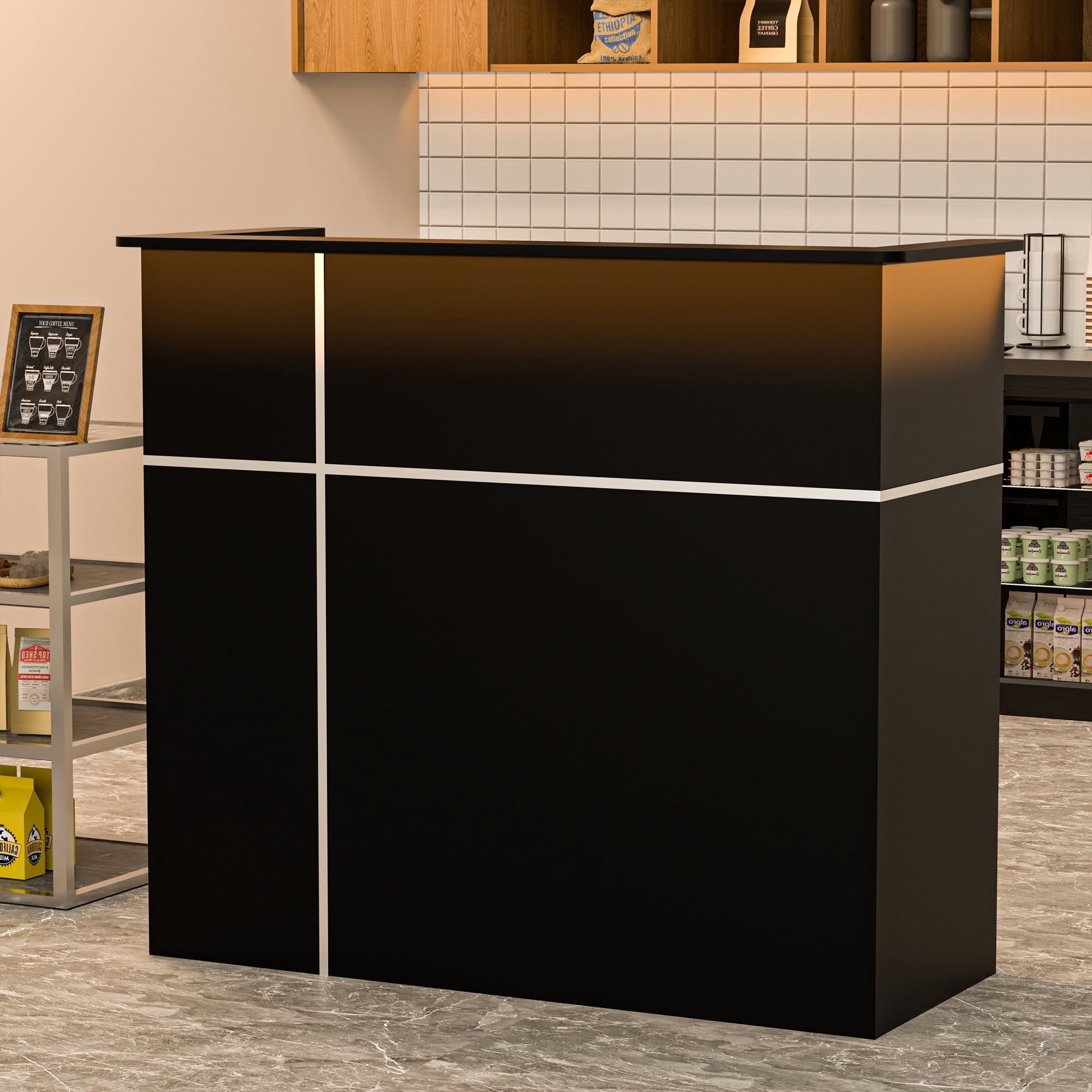 HARIPUL 50-inch Reception Desk with Counter, Front Desk Office Desk with Storage Shelves & LED Lights, Black