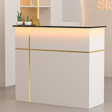 AHB 50-inch Reception Desk with Counter, DIY Stripe Design Office Commputer Desk w/ Lockers, Storage Shelves & LED Lights, White