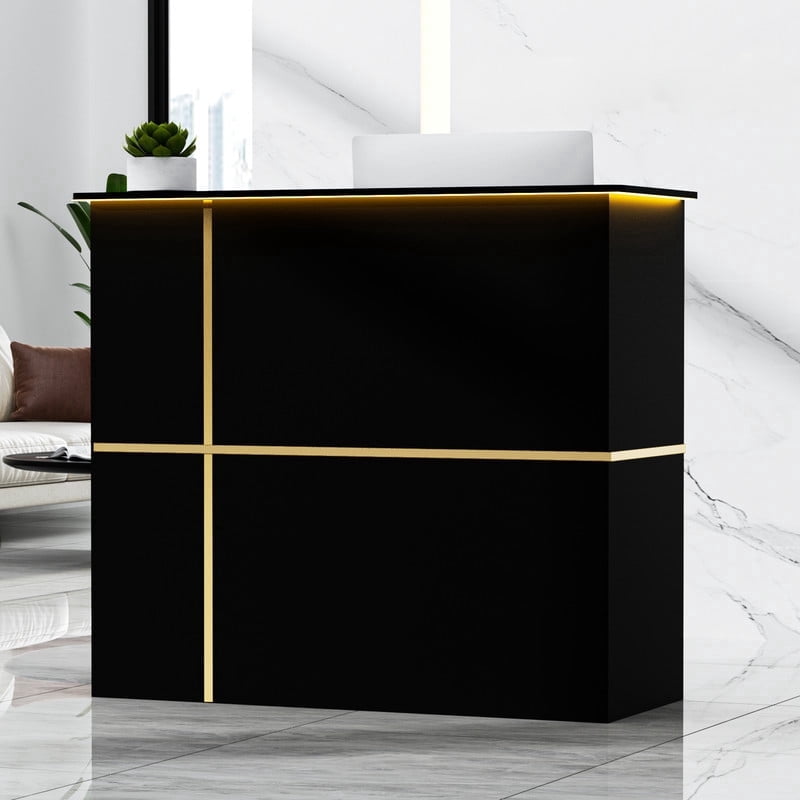 AHB 50-inch Reception Desk with Counter, Front Desk Office Desk with Storage Shelves & LED Lights, Black