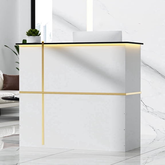 AHB 50-inch Reception Desk with Counter, Front Desk Office Desk with Storage Shelves & LED Lights, White