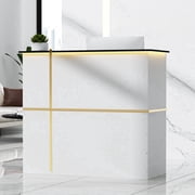 AHB 50-inch Reception Desk with Counter, Front Desk Office Desk with Storage Shelves & LED Lights, White
