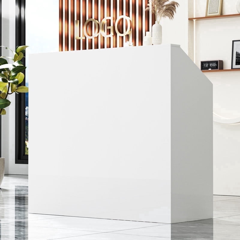 AHB 50-inch Reception Desk with Counter, Front Desk Office Desk with Storage Shelves, White