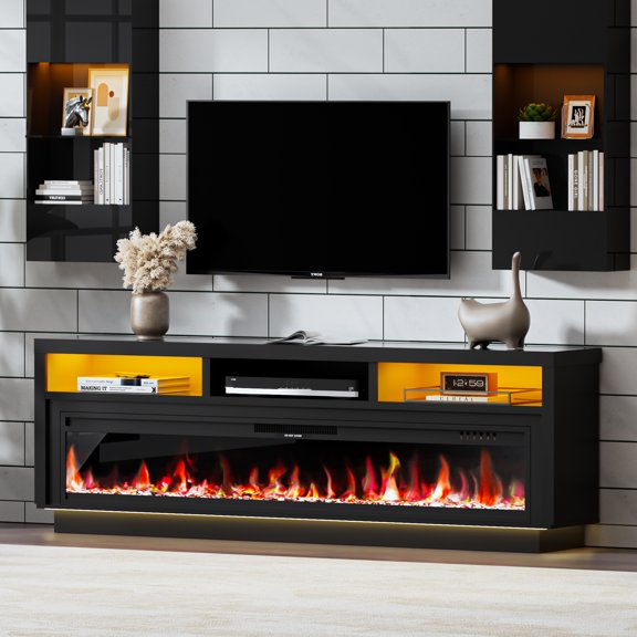 AHB 58'' Fireplace TV Stand with LED Light & Storage Cabinet, Electric Fireplace for TVs up to 65 inches, Black