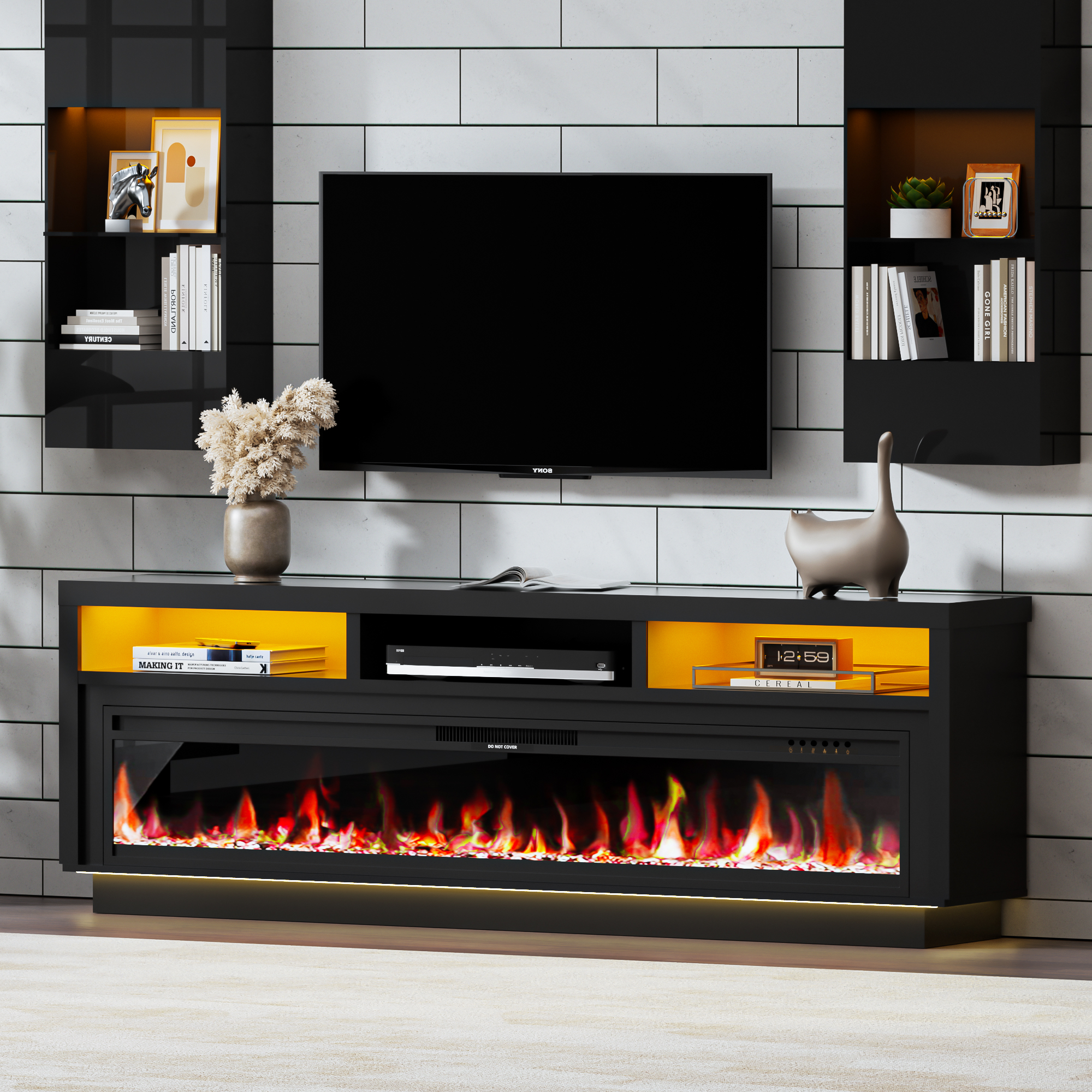 AHB 58'' Fireplace TV Stand with LED Light & Storage Cabinet, Electric Fireplace for TVs up to 65 inches, Black