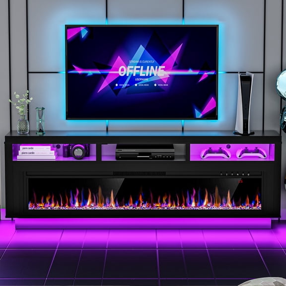 AHB 58'' Fireplace TV Stand with LED Light & Storage Cabinet, Electric Fireplace for TVs up to 65 inches, Black