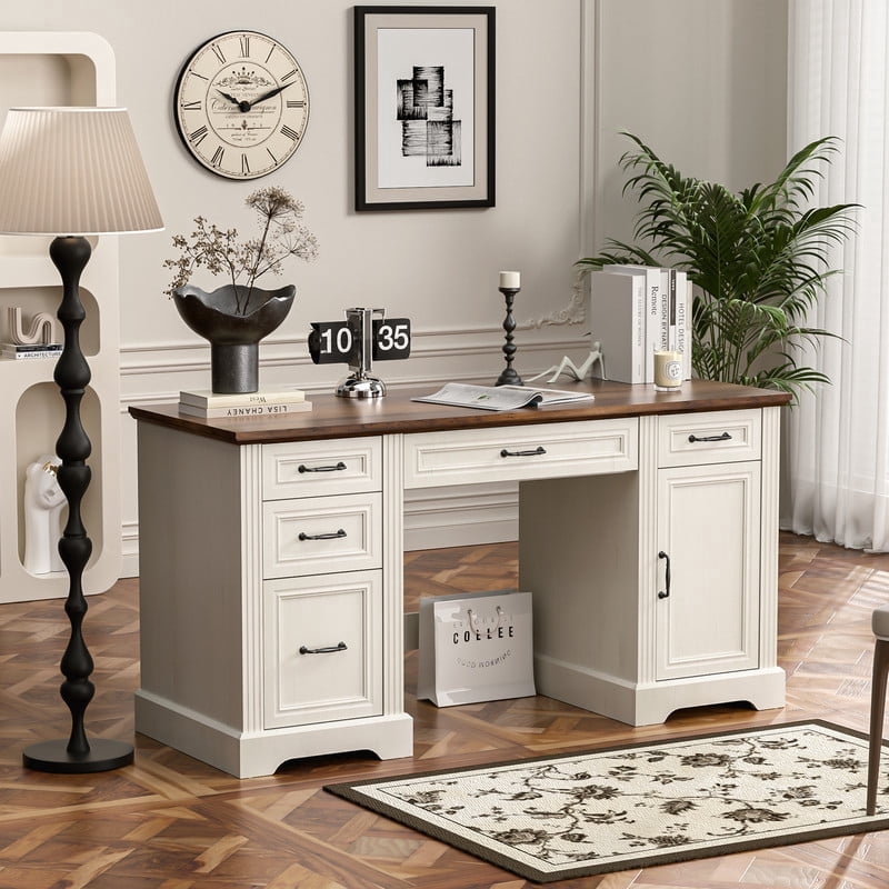 AHB 58-Inch Executive Desk, Farmhouse Computer Desk with Drawers and Storage Cabinet, Wooden Home Office Desk Workstation, Study Writing Desks, White & Brown