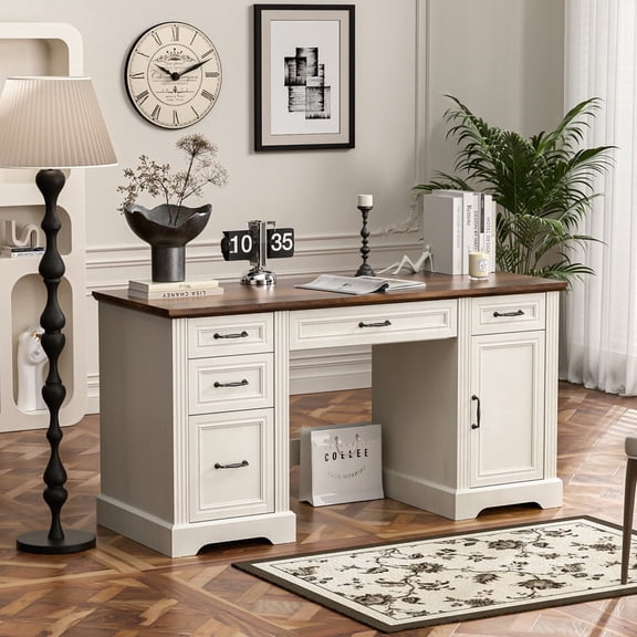 AHB 58-Inch Executive Desk, Farmhouse Computer Desk with Drawers and Storage Cabinet, Wooden Home Office Desk Workstation, Study Writing Desks, White & Brown