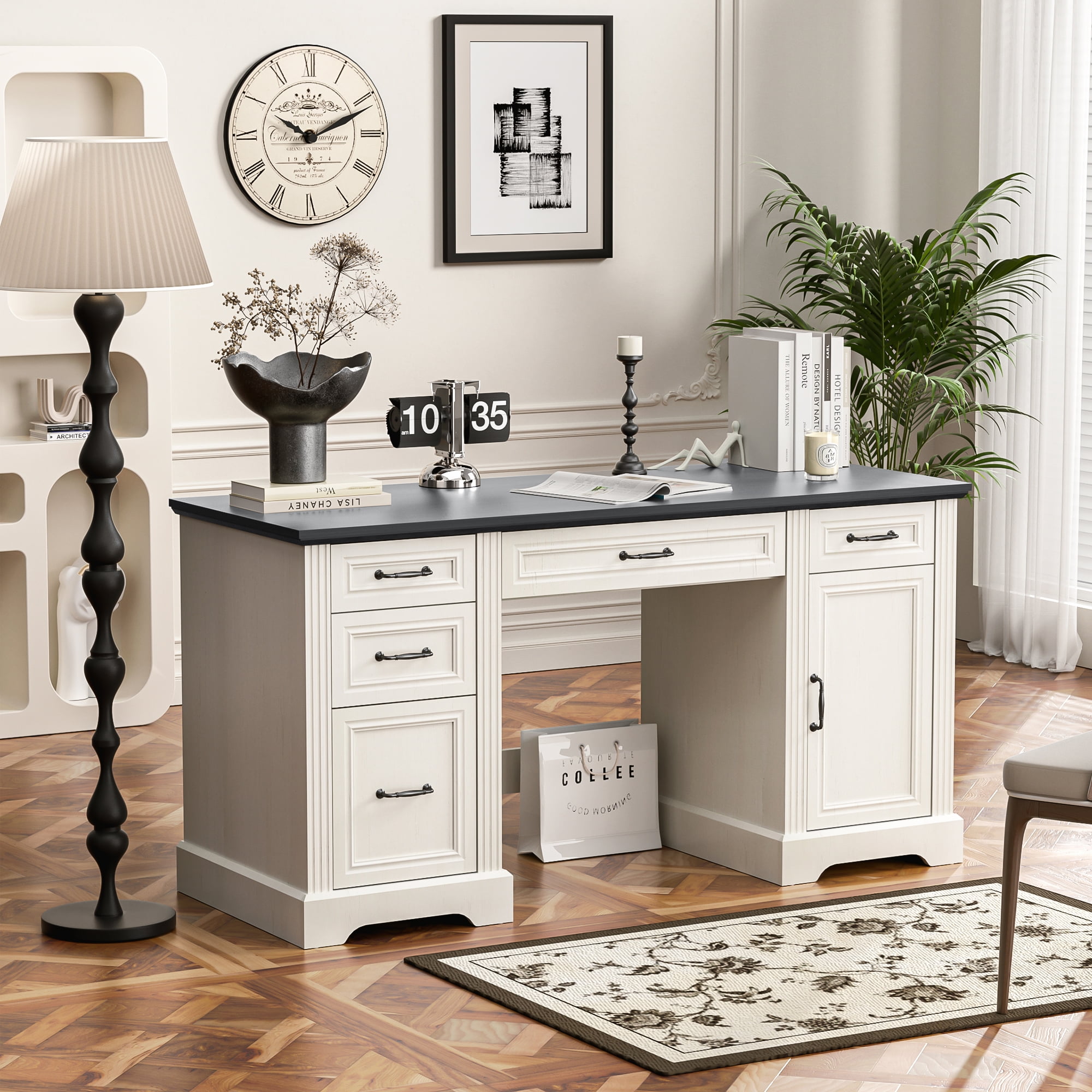 HARIPUL 58-Inch Executive Desk, Farmhouse Computer Desk with Drawers and Storage Cabinet, Wooden Home Office Desk Workstation, Study Writing Table, White & Black