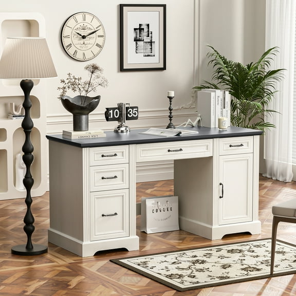 HARIPUL 58-Inch Executive Desk, Farmhouse Computer Desk with Drawers and Storage Cabinet, Wooden Home Office Desk Workstation, Study Writing Table, White & Black