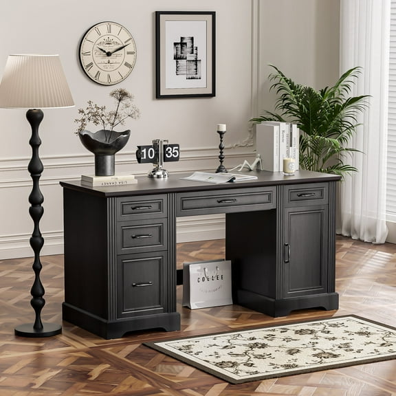 HARIPUL 58-Inch Executive Desk, Farmhouse Computer Desk with Drawers and Storage Cabinet, Wooden Home Office Desk Workstation, Study Writing Table, Black