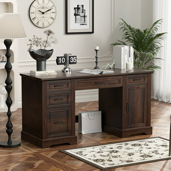 HARIPUL 58-Inch Executive Desk, Farmhouse Computer Desk with Drawers and Storage Cabinet, Wooden Home Office Desk Workstation, Study Writing Table, Brown