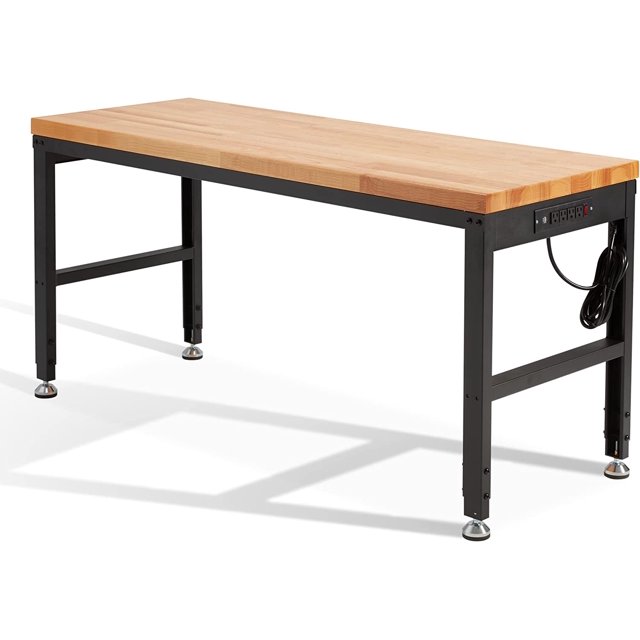 AHB 60" Rolling Workbench Adjustable Height, Oak Wood Work Table with