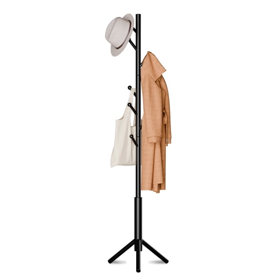 AHB 69" Coat Rack Stand, Wooden Freestanding Coat Hanger with Adjustable Height, Sturdy Entryway Coat Rack for Bedroom Office, Brown, New Zealand Pine