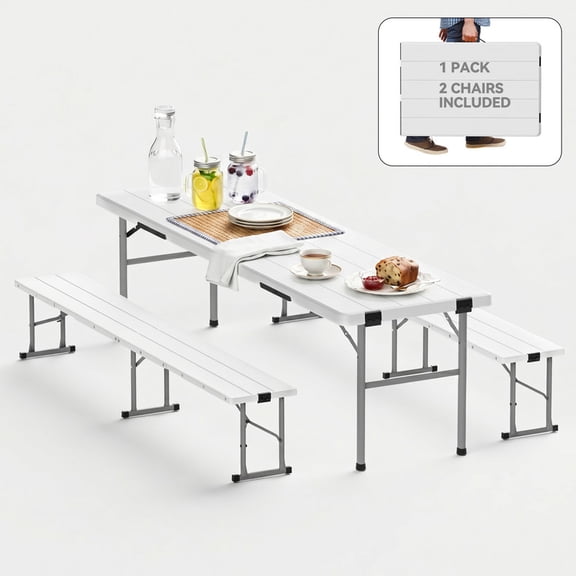 AHB 6FT Folding Picnic Table Set with Benches, Seats 6-8, Heavy Duty HDPE Table with Steel Frame, All-in-One Carry Case Design for Camping, Picnic and Party, White