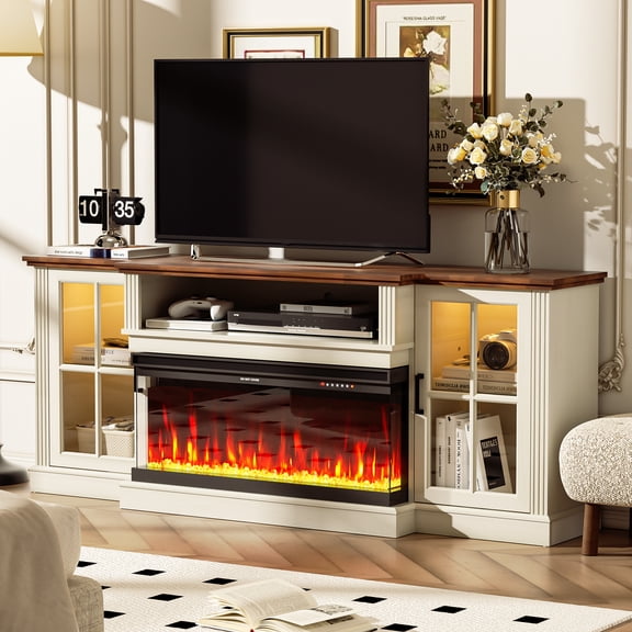 HARIPUL 70'' 3-Sided Fireplace TV Stand w/ LED Light & 34'' Electric Fireplace for TVs up to 80 inches, White & Brown, Crystal Fireplace