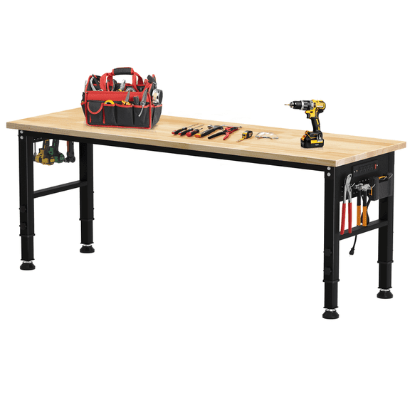 AHB 70" Adjustable Height Workbench with Power Outlets and Pegboard, 2000 lbs Heavy Duty Rubber Wood Top Work Table for Garage, Workshop, Office and Home
