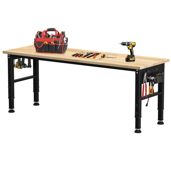 AHB 70" Adjustable Heavy Duty Rubberwood Workbench, 2000 lbs Capacity, Garage Work Table with Power Outlets, USB Ports and Pegboard
