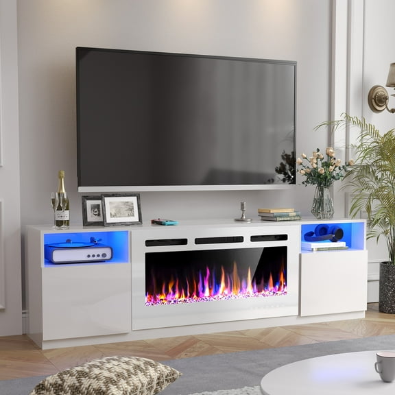 HARIPUL 70" Fireplace TV Stand for TVs Up to 80" with 36" Electric Fireplace, TV Console for The Living Room, LED Light Entertainment Center, Storage Cabinet, Media Console Table, All White