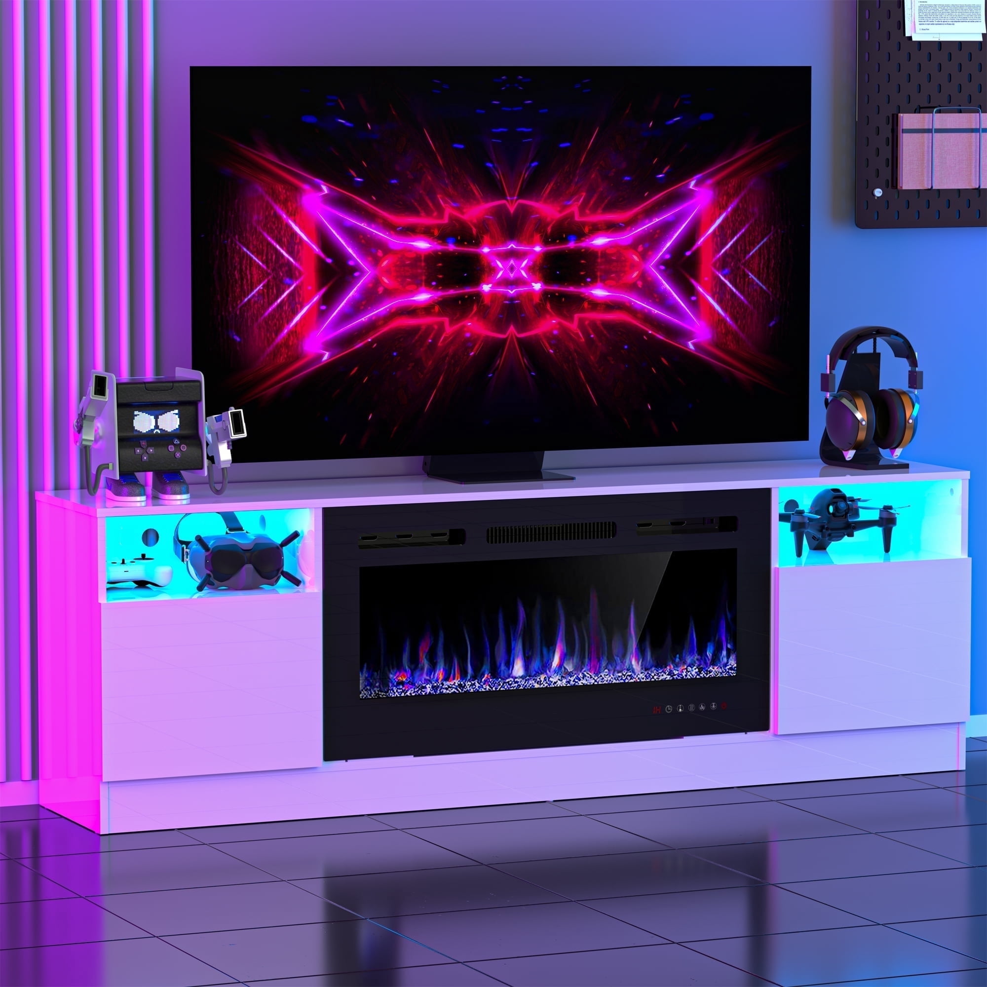 HARIPUL 70" Fireplace TV Stand for TVs Up to 80" with 36" Electric Fireplace, TV Console for The Living Room, LED Light Entertainment Center, Storage Cabinet, Media Console Table, White