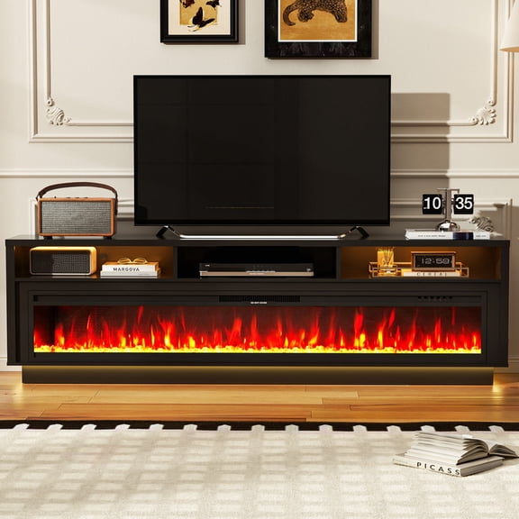 AHB 70" Fireplace TV Stand for TVs Up to 80" with 64" Electric Fireplace, TV Console for The Living Room, LED Light Entertainment Center, Storage Cabinet, Media Console Table, Black