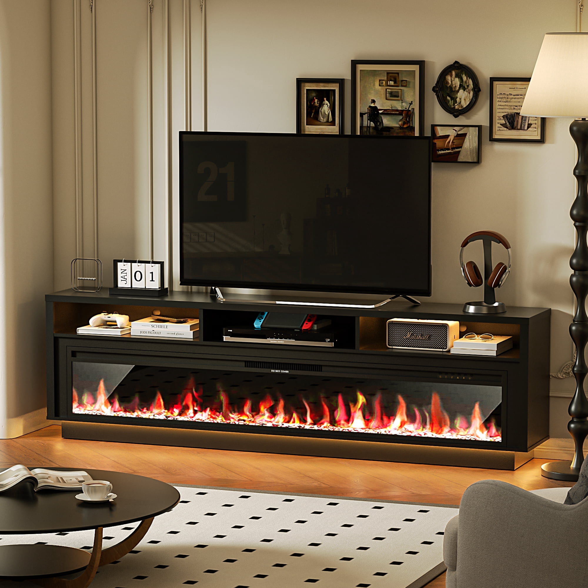 HARIPUL 70" Fireplace TV Stand for TVs Up to 80" with 64" Electric Fireplace, TV Console for The Living Room, LED Light Entertainment Center, Storage Cabinet, Media Console Table, Black