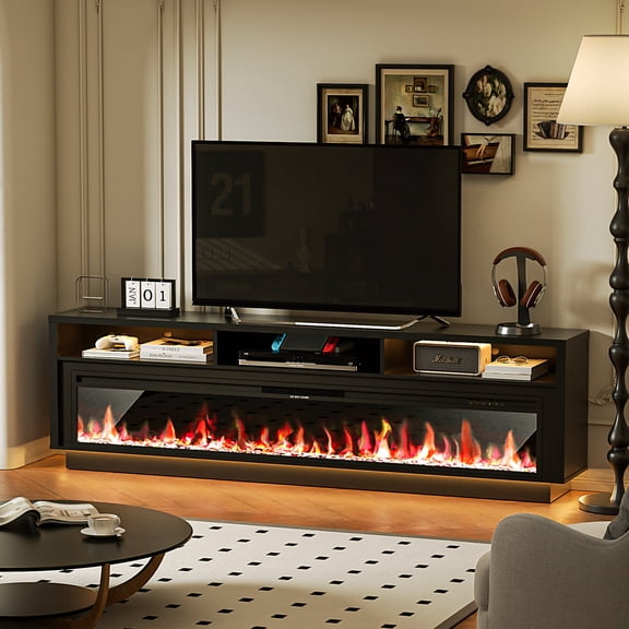 HARIPUL 70" Fireplace TV Stand for TVs Up to 80" with 64" Electric Fireplace, TV Console for The Living Room, LED Light Entertainment Center, Storage Cabinet, Media Console Table, Black