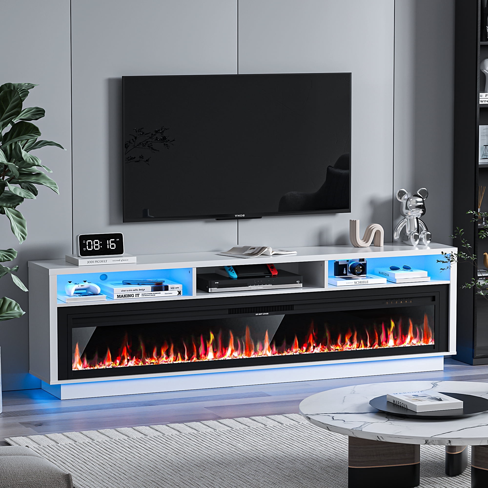 HARIPUL 70" Fireplace TV Stand for TVs Up to 80" with 64" Electric Fireplace, TV Console for The Living Room, LED Light Entertainment Center, Storage Cabinet, Media Console Table, White