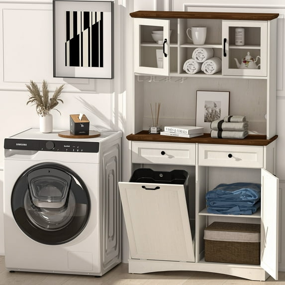 HARIPUL 2-in-1 Kitchen Trash Cabinet & Pantry Cabinet, 13 Gallon Garbage Can, Freestanding Tilt Out Storage Cabinet w/ Shelves for Kitchen & Living Room, Antique White