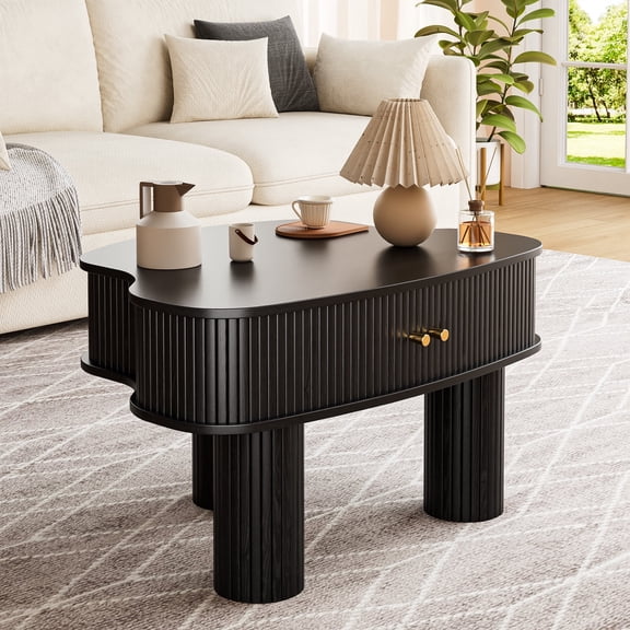 AHB Coffee Table, 31.5" Mid Century Modern Coffee Tables for Living Room, Coffee Table with Storage Space, Fluted Table with Sliding Cabinet Door, Black