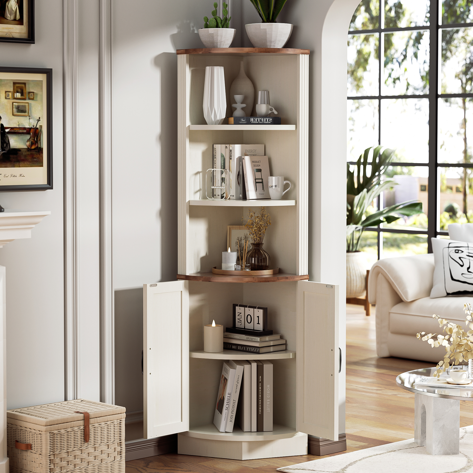 AHB Corner Cabinet, 5-Tier Farmhouse Corner Storage Cabinet w/ Doors, 63”Tall Corner Cabinet for Small Space, Wooden Corner Cabinet Organizer for Bathroom, Kitchen, Living Room, White