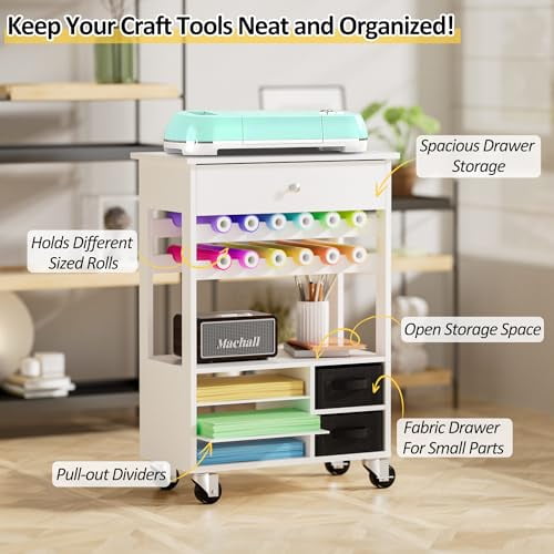 AHB Craft Table with Wheels, Craft Cart Compatible with Cricut Machine, Craft Organization with Storage and Vinyl Roll Holder, Lockable Rolling Cricut Stand for Craft Room