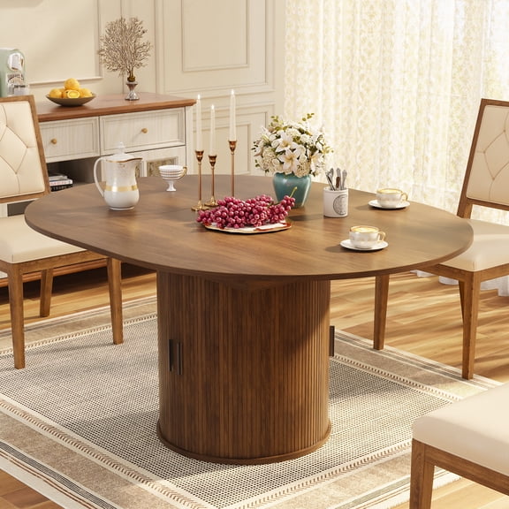 AHB Dining Table for 4-8, 63" Extendable Round Kitchen Table with 2-Tier Storage & Pedestal Base  Space-Saving Modern Wood Dining Table-walnut