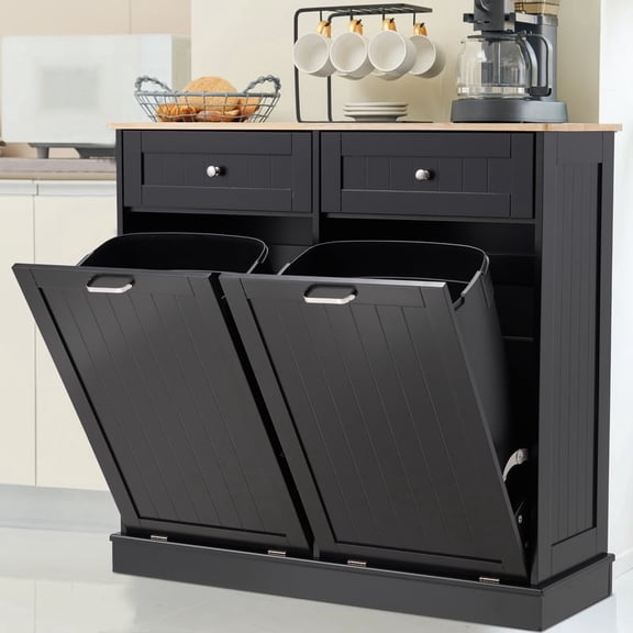 AHB Double Tilt Out Trash Cabinet, 26 Gallon Trash Can Cabinet with Drawers & Handles for Kitchen, Black/Light Brown Top
