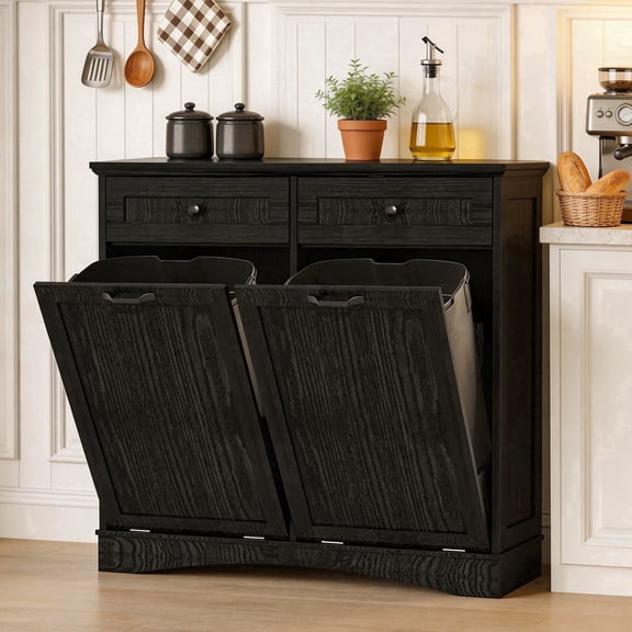 AHB Double Tilt Out Trash Cabinet with Drawers & Handles, Fits Two 13 Gallon Trash Bins for Kitchen, 39.76"L x 13.58"W x 38.58"H, Dark Black