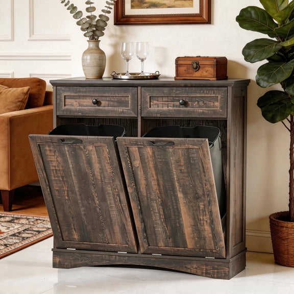 AHB Double Tilt Out Trash Cabinet with Drawers & Handles, Fits Two 13 Gallon Trash Bins for Kitchen, 39.76"L x 13.58"W x 38.58"H, Dark Brown