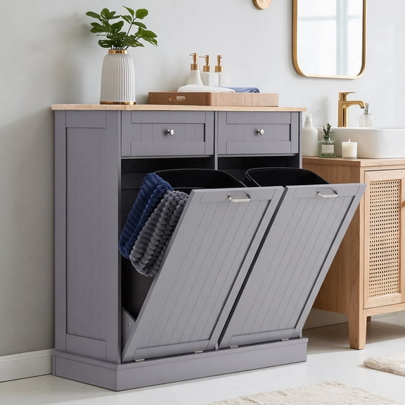 AHB Double Tilt Out Trash Cabinet with Drawers and Handles, Fits Two 13 Gallon Trash Bins, Kitchen Trash Can Storage Organizer, 40"L x 13"W x 36"H, Gray/Light Brown Top