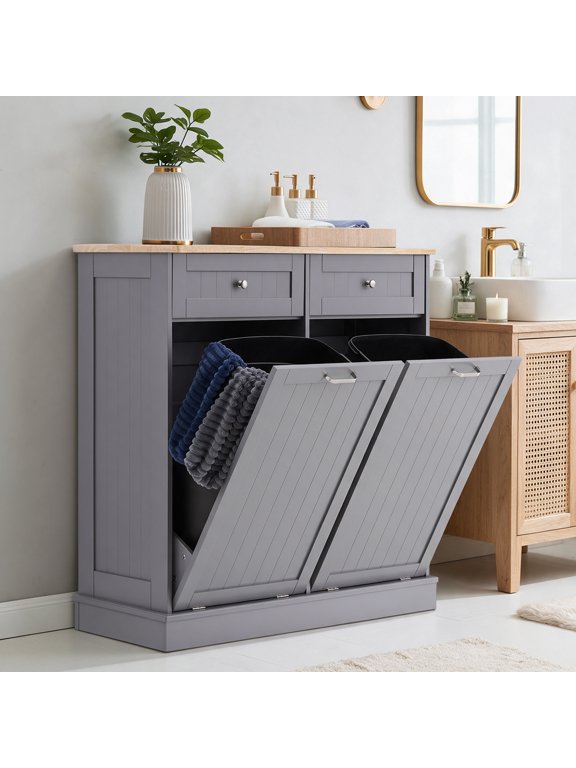 Double Tilt Out Trash Cabinet with Drawers and Handles, Fits Two 13 Gallon Trash Bins, Kitchen Trash Can Storage Organizer, 40"L x 13"W x 36"H, Gray/Light Brown Top