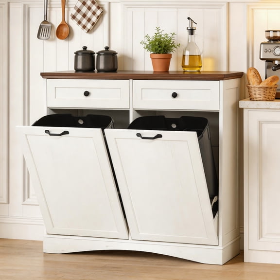 AHB Double Tilt Out Trash Cabinet with Drawers & Handles, Fits Two 13 Gallon Trash Bins for Kitchen, 39.76"L x 13.58"W x 38.58"H, White