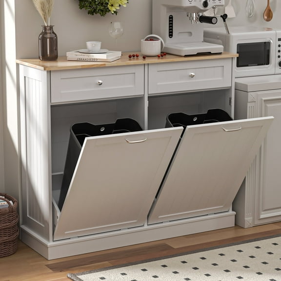 HARIPUL Double Tilt Out Trash Cabinet, 26 Gallon Trash Can Cabinet with Drawers & Handles for Kitchen, White/Light Brown Top